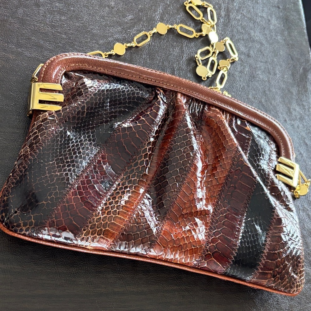 Elegant Brown Snakeskin Clutch with Gold Chain